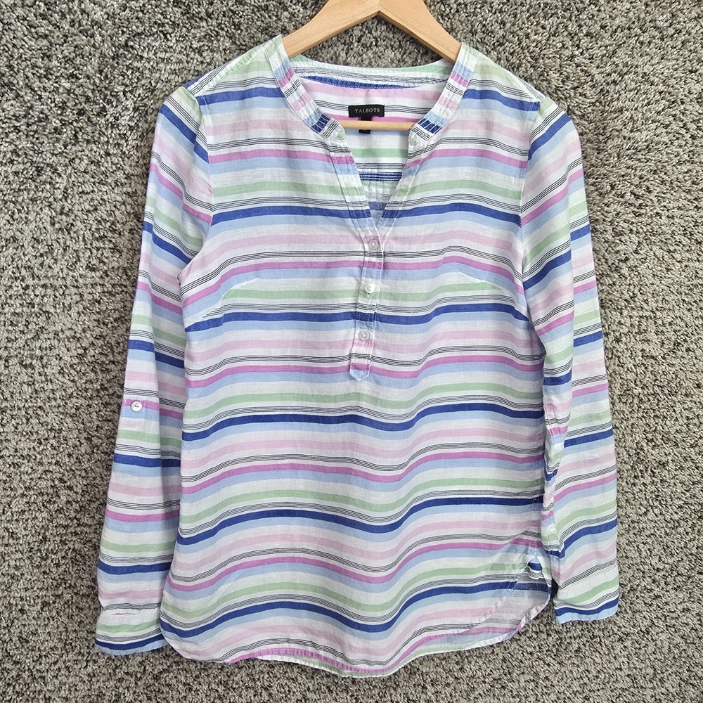 Talbots Top Womens Small Blue Linen Striped Popover Blouse Roll Tab Sleeve